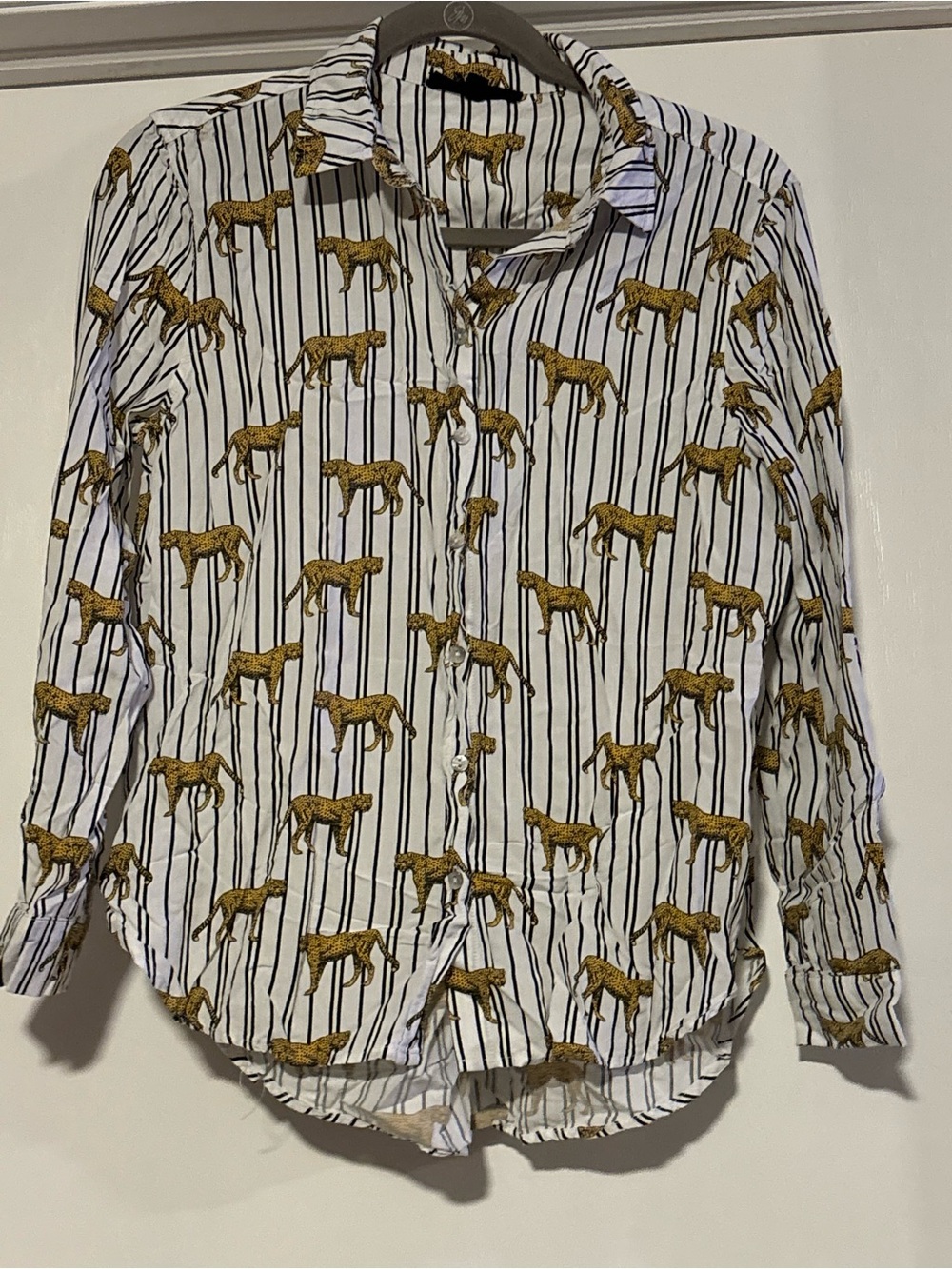Jane and Delancey White Button-Down Shirt with Gold Cheetah Print